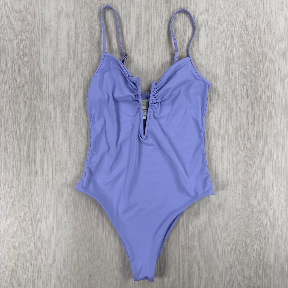 L*Space Womens Periwinkle Purple Ruched V-Neck One Piece Swimsuit Size Medium
